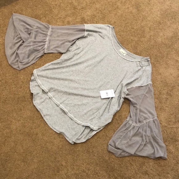 Free People Tops - NWT Free People grey shirt w mesh bell sleeve